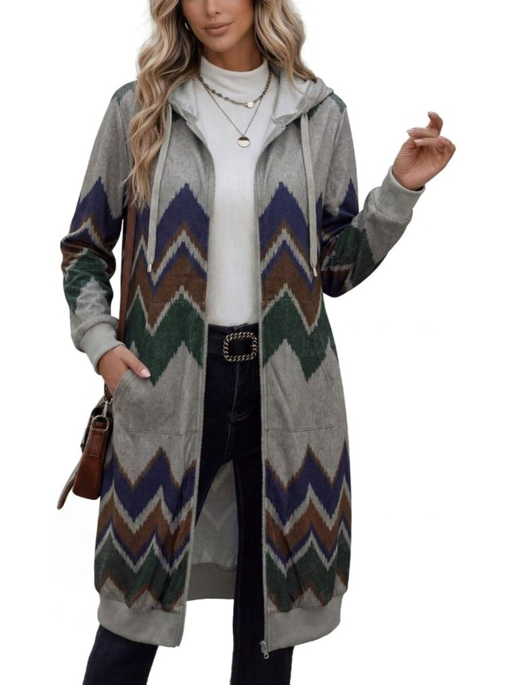 Women's Gray Curved Stripes Longline Fleece Hoodie Full Zip Oversized Jacket